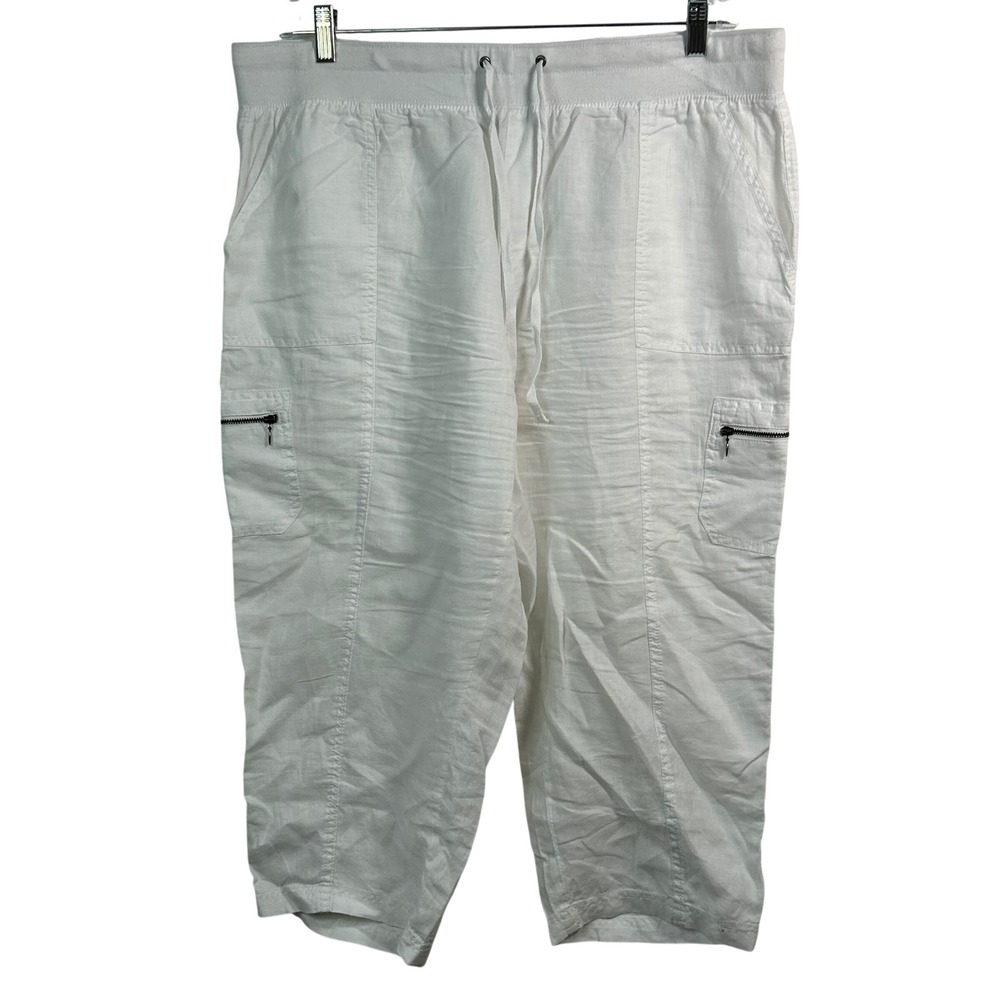 Style & Co White Linen Cargo Capri Pants XL Elastic Drawstring Cropped Pockets
